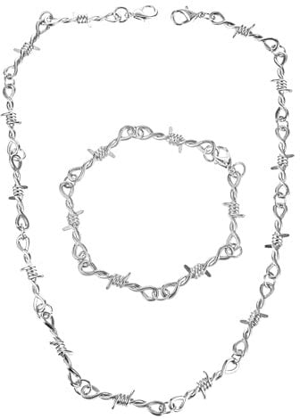 Yolev Punk Thorns Necklace Barbed Wire Bracelet Set Silver Goth Jewelry Metal Flame Barbed Wire Necklace Hiphop Rock Jewelry for Men Women Y2k Daily Versatile Fashion