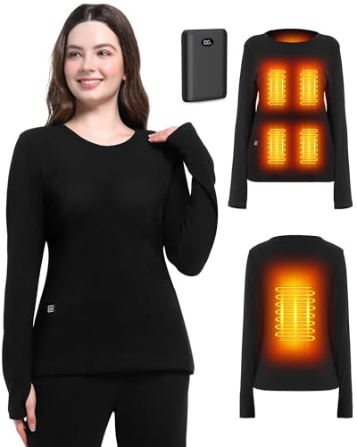 FERNIDA Beheizbare Unterwäsche für Damen, Elektrische Beheizbare Shirt mit Daumenloch, Beheizte Langarm Oberteile für Joggen, Skifahren, Radfahren, Angeln, Motorrad, S