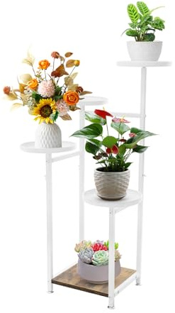 Dokiiovo Pflanzenständer Metall, Pflanzenregal mit 5 Ebenen, Ecke Pflanzenhalter, moderner Blumenständer, Pflanze Display Rack mit Holzplatte für Garten Balkon Wohnzimmern 27.5*25*86cm (Weiß)
