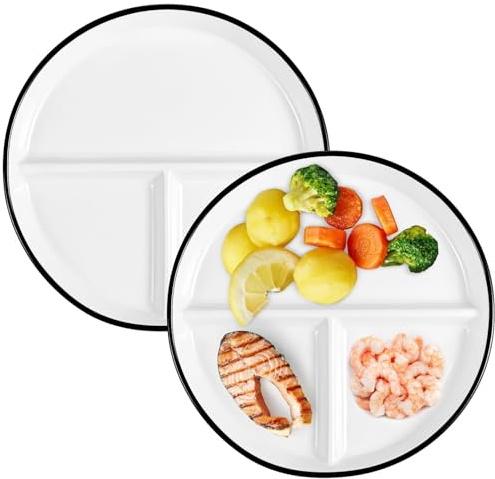 SWEWARM 2 Pcs Portion Control Plates, 8 Ceramic Divided Plate for Adults, Round Porcelain Dinner Diet Plate, White Ceramic Plates for Balanced Meals, Diabetes and Weight Loss Diet