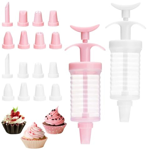 2 Set Icing Syringe and Nozzles Set with 16pcs Plastic Piping Nozzle