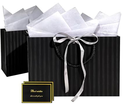 Geschenktüte für Geschenke, Schwarz Geschenktasche mit Henkeln, Gift Bag, Grußkarte und Seidenpapierdekorationen enthält, Geschenkverpackung für Geburtstage, Valentinstag, Hochzeiten und Jubiläen