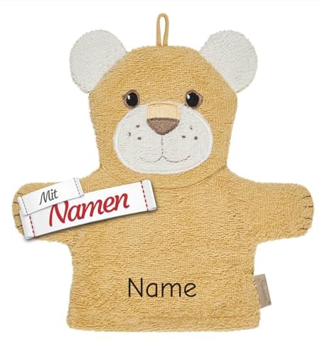 Sterntaler Waschlappen mit Namen Bestickt, Löwe Leo, Bestickt personalisiert, 100% Baumwolle, hautfreundlich, klassischer Waschhandschuh für Baby, Kita, unterwegs