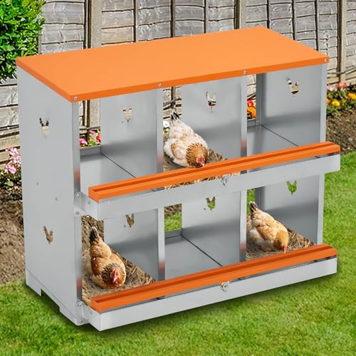 Hühner Legenest 6 Fächer aus Metall – Zweilagiger Nistkasten für Hühnerstall, Hühnernest Eierlegekasten mit Belüftungslöchern, Einfache Eierentnahme, Orange