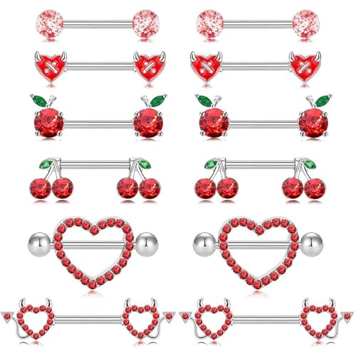 JSTHHTT 6 Paires Piercing Téton Mamelon pour Femmes, Piercing Téton Piercing Mamelon, Barbell de Téton Ensemble Mignon Piercing Mamelon Bijoux, Bijoux de Corps Femme Homme
