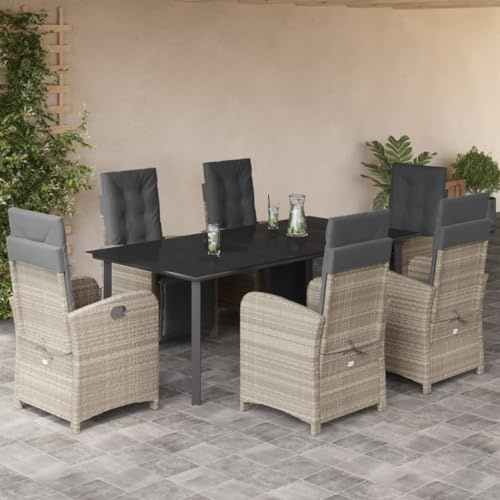 FWIKDUN Ensemble de bistrot 7 pièces en rotin synthétique avec fauteuils et coussins réglables pour jardin et balcon, avec plateau en verre et repose-pieds - Ensemble de bistrot avec plateau en verre