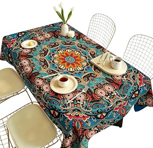 Boho Tischdecke Rechteckig, Bunt Garten Tischdecken Abwaschbar 140x200 cm – Leinen-Optik Tischwäsche, Tischtuch Mexiko, Esstisch Dekoration Couchtisch Outdoor Party (Mehrfarbig-1)