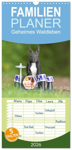 Familienplaner 2026 - Geheimes Waldleben mit 5 Spalten (Wandkalender, 21 cm x 45 cm), CALVENDO: Eichhörnchen und Mäuse in Szene gesetzt (CALVENDO Tiere)