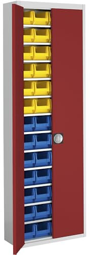 mauser | Magazinschrank mit Sichtlagerkästen | HxBxT 2150 x 680 x 280 mm | zweifarbig | Korpus grau | Türen rot | 52 Kästen