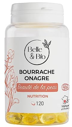 PEAU BELLE & SAINE - Riche en Oméga 6 - Bourrache Onagre Bio certifié Ecocert - 120 capsules - Cure 1 mois - Complément Alimentaire BELLE&BIO - Fabriqué en France