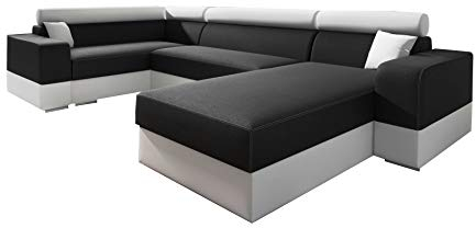 mb-moebel Ecksofa Sofa Eckcouch Couch mit Schlaffunktion und Zwei Bettkasten Ottomane U-Form Schlafsofa Bettsofa Polstergarnitur Georg SUPER (Schwarz + Weiß, Ecksofa Links)