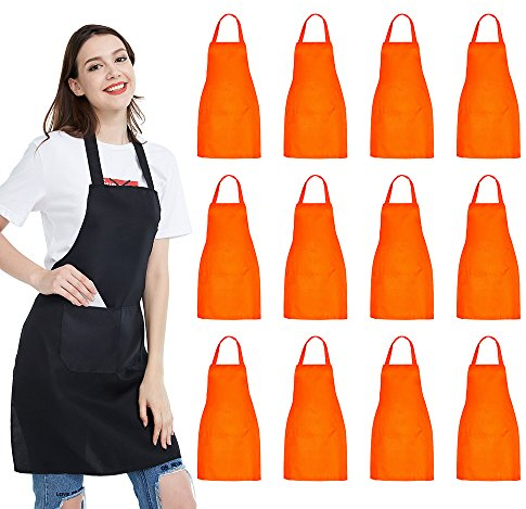 Kochschürze, 12 Stück, Unisex, Schürzen, Orange, mit 2 geräumigen Taschen, maschinenwaschbar für Küche, Basteln, Grillen, Zeichnen