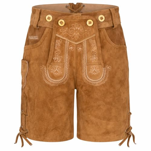 PAULGOS Kinder Trachten Lederhose KK + Träger, Echtes Leder, Gr. 104, Hellbraun