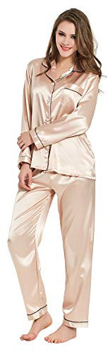 Ladieshow Femme Ensemble De Pyjamas Satin 2 Pcs Vêtements de Nuit Manche Longue Sleepwear