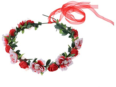 Minkissy Braut Haarkranz Frauen Mädchen Blume Stirnband grünes Blatt Blume Krone für Hochzeitsfeste (rot)