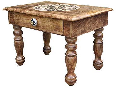 DharmaObjects Massives Mangoholz, handgeschnitzt, Puja-Schrein, Altar, Meditationstisch (Dreifach-Mond), groß