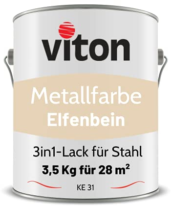 Viton Metallfarbe in Creme - 3,5 Kg Metall-Schutzlack Seidenmatt - Dauerhafter Schutz & hohe Beständigkeit - 3in1 Grundierung & Deckfarbe - Metalllack direkt auf Rost - KE31 - RAL 9001 Cremeweiss