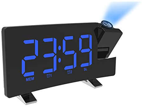 DollaTek Réveil à Projection pour Chambre à Coucher Radio-réveil numérique au Plafond avec Double réveil 4 gradateurs Grand écran LED Rotatif à 180 ° - Coque Noire Mot Bleu