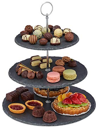 Relaxdays Etagere, 3 Etagen, Schiefer, Kuchen, Snacks, Obst, Metallgriff, Servierständer, HxD 34x30 cm, anthrazit/Silber