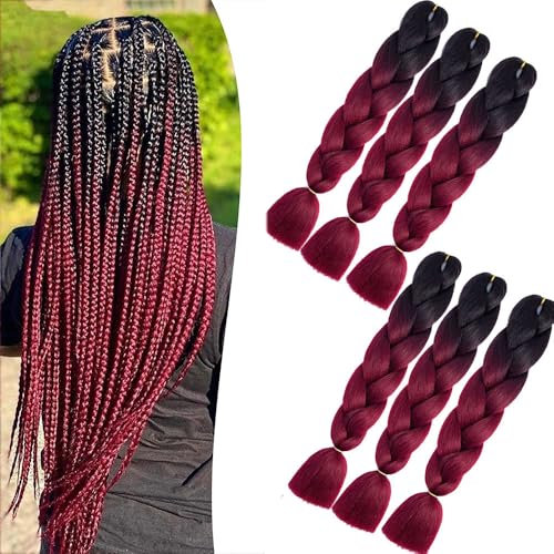 Cabello artificial para enderezar ombre trenzado cabello rojo 6 piezas de cabello trenzado Extensiones de cabello 60cm Ombre trenzas sintéticas Afro Cabello para Caja trenzas de ganchillo (negro-rojo)
