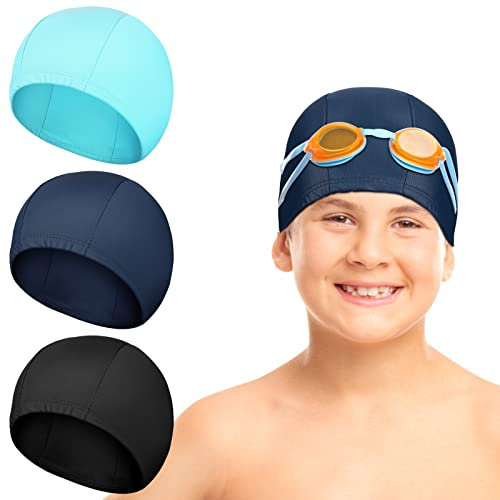 3 Gorros de Natación de Niños Gorro de Baño de Poliéster Impermeable Gorros de Piscina para Pelo Largo Gorro de Natación de Dibujos Animados (Patrón Liso, Negro, Rojo Rosa, Rosa)