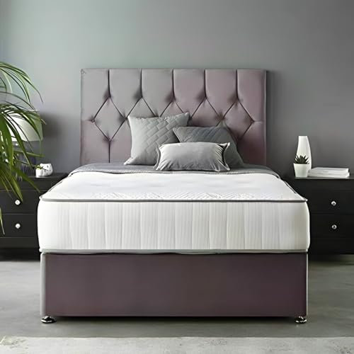 GHOST BEDS GREY OR BLACK SUEDE MEMORY FOAM DIVAN BED SET WITH MATTRESS+HEADBOARD (3FT6 LARGE SINGLE, GREY)