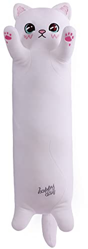 SNOWOLF Katze Weiche Kissen Plüsch Long Throw Schlafkissen Baumwolle Kätzchen Kissen Kuschelig Gefüllte Niedliche Plüschpuppe Spielzeug Stofftiere Plüschtier Geschenk (Weiß, 90cm)