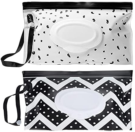 2 Stück Feuchttücher Tasche für Babys Feuchttücherbox unterwegs,Wiederverwendbar Wet Wipe Tasche Feuchttücher Behälter für Unterwegs, Zuhause, Büro (Schwarz und Weiß)