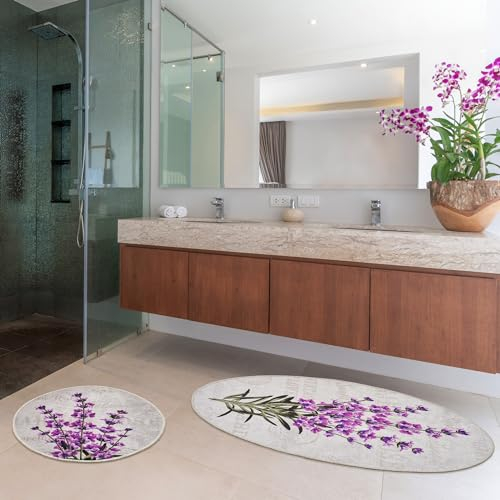 miqna 2-teiliges Badezimmerteppich-Set – Lavendel-Motiv, Ovales Design, rutschfeste Unterseite, Weiche und Wasserabsorbierende Badvorlege (Lavender, 60 x 100 cm - 50 x 60 cm)