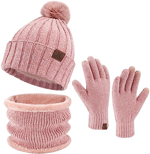 ZASFOU Damen Winter Beanie Mützen Schal Touchscreen Handschuhe Set Chenille Strick Wintermütze Winterhandschuhe Loop Schal,Rosa