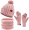 ZASFOU Damen Winter Beanie Mützen Schal Touchscreen Handschuhe Set Chenille Strick Wintermütze Winterhandschuhe Loop Schal,Rosa