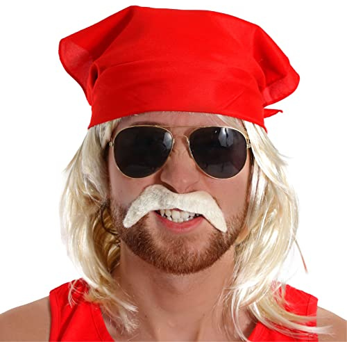 Herren-Perücke, rotes Bandana, blonder Schnurrbart und blonde Perücke, Wrestler-Set, Kostüm
