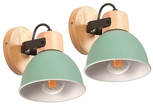 iDEGU 2 Stücke Wandleuchten Innen Vintage Wandlampe aus Holz und Eisen Industrie Design Lampe Retro Wandstrahler Verstellbare Deckenleuchte Wandspot Wohnzimmer Schlafzimmer Küche (Grün)