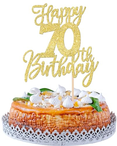 SYKYCTCY 1 Pack Happy 70th Birthday Cake Topper Gold Glitter Cheers to 70Years Birthday Cake Pick 70 Fabulous Cake Decoration for Happy Birthday Theme Anniversary Party Supplies