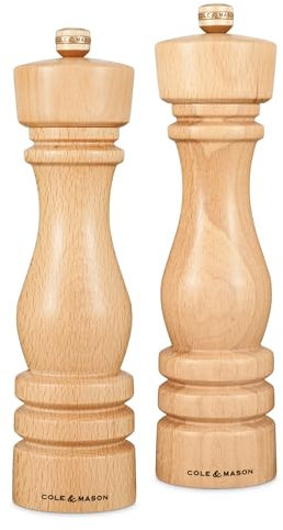 Cole & Mason London Nachfüllbare Gewürzmühle - Küche & Wohnaccessoire - Salz- & Pfeffermühle Set - Salzmühle mit Keramikmechanismus - Pfeffermühle mit Kohlenstoffstahl-Mechanismus - 20,3 cm, Buche