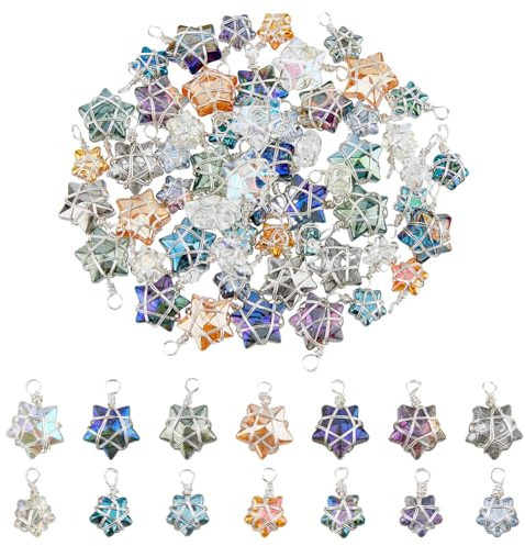 SUPERFINDINGS 56Pcs 2 Sizes Wire Wrapped Star Pendants 7 Colors Crystal Dangle Charms AB Color Electroplate Glass Charms for Earring Bracelet Necklace Jewellery Making, Hole: 2.5~3mm