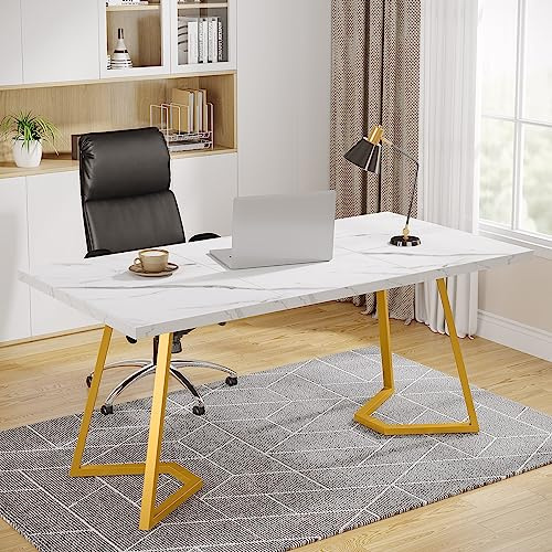 Tribesigns Bureau d'ordinateur - 140 x 80 x 75 cm - Table d'ordinateur - Table de bureau - Table de conférence pour la maison - Blanc et doré