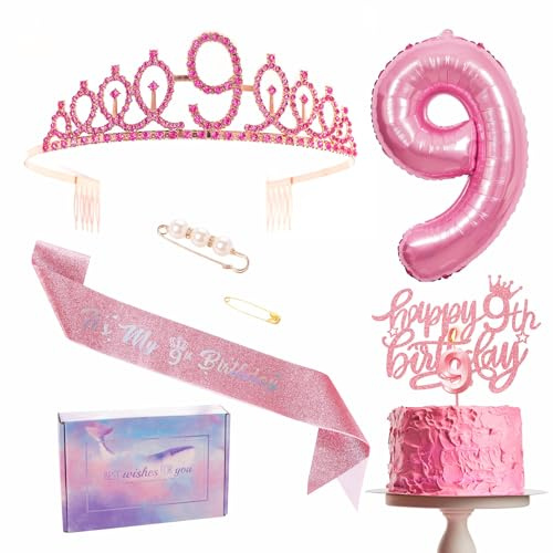 9. Geburtstag Mädchen Deko, Rosa Geburtstagsdeko 9 Jahre, Geburtstagskrone und Schärpe, Tortendeko Geburtstag und Kerzen,Folienballon 9, 9. Geschenk für Mädchen zum Geburtstagsparty Supplies
