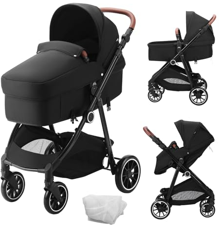 VEVOR Standard-Kinderwagen Kinderbuggy mit Babywanne verstellbarer Rückenlehne mit 3. Gang und klappbarem und umkehrbarem Sitz Buggy für Neugeborene aus Karbonstahl mit Beinabdeckung und Netz Schwarz