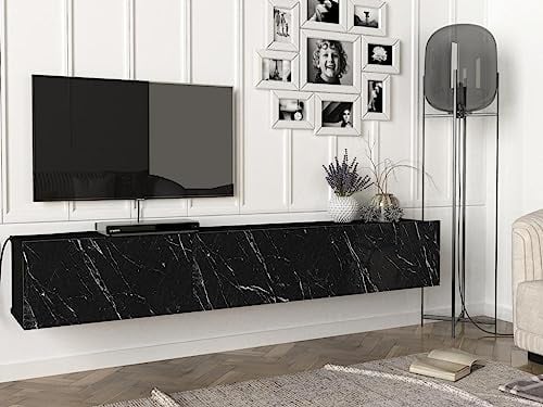 Vente-unique-Meuble TV Suspendu avec 3 Portes - Effet marbre Noir - VIKILA