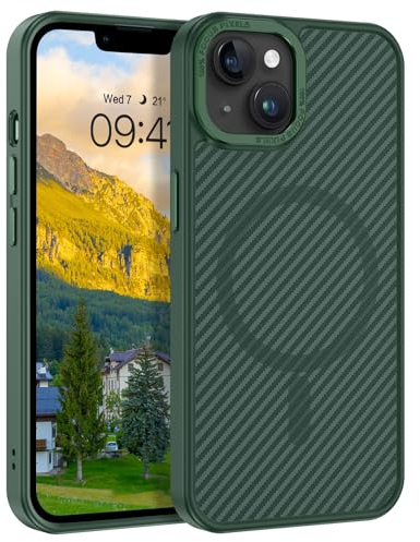 Telaso Magnetisch Hülle für iPhone 13 Mini, MagSafe Kompatibel, Kohlefasertextur-Design, Stoßfest Schutzhülle Cover, 5.4, Grün