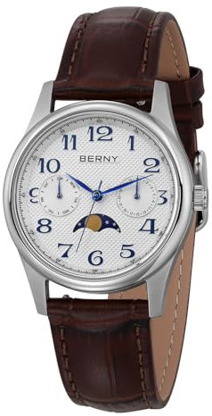 BERNY Quarzuhr Für Frauen Mondphase Uhren Damen Armbanduhr Leicht Lesbare Arabische Ziffern Zifferblatt Analoge Uhren Sub-dail Mit Datum Tag Kalender Echtes Lederband