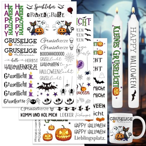 Kerzentattoo Halloween,3 Stück DIN A4 Halloween Party Kerzen Tattoos, Gespenst Kerzensticker,Kerzen Wasserschiebefolie,Halloween Kerzen Dekorieren Geschenk,Kerzensticker für Stabkerzen (Halloween-Ⅱ)