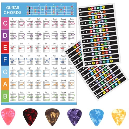 2 selbstklebende Aufkleber für das Gitarrengriffbrett, 1 Gitarren-Akkordtabelle und 6 Gitarrenplektren – die besten Hilfsmittel zum Gitarrenlernen für Anfänger