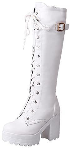 Thic Stivali con tacco alto con lacci e plateau, stivali da donna senza tacco, bianco, 39 EU
