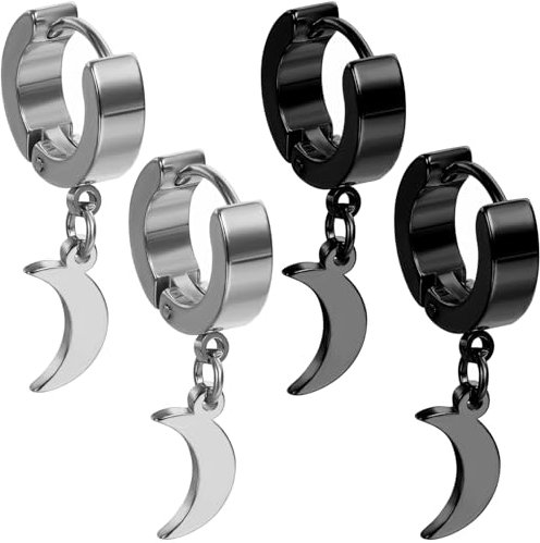 Kawailay 2 Paar Mond Creolen Ohrringe Edelstahl Mond Ohrstecker Rock Punk Monds Hängend Ohrringes Monds Huggie Ohrringe für Herren Frau – Silber Schwarz