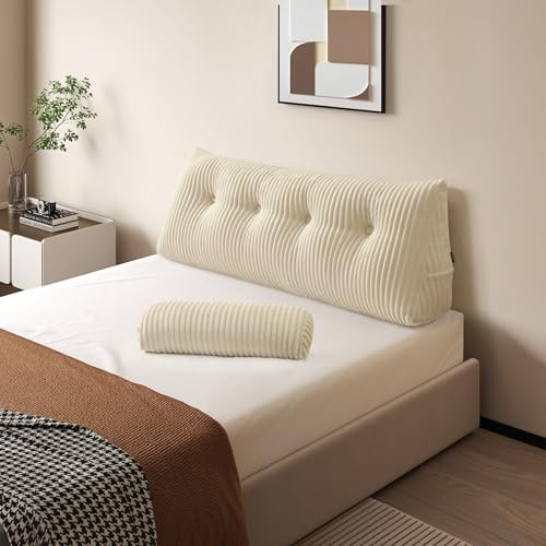 Z-hom Bücherkissen, Keilkissen, Lesekissen Für Bett Und Sofa, Cozy Rückenkissen, Praktisches Seitenfach, Removable Cover, Mit Rundem Kopfkissen (Cream, 120 * 50 * 20cm)