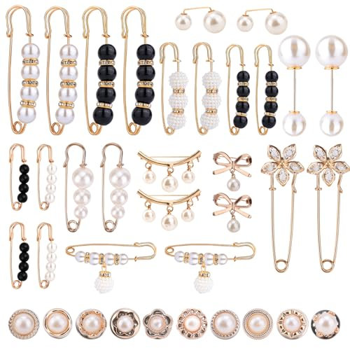 36uds Broches de Perlas, Imperdibles de Moda para Mujer Broches de Diamantes de Imitación y Perlas Adornos de Calcetines Brillantes Accesorios para Ropa Sombreros Zapatos Bufandas Decoración