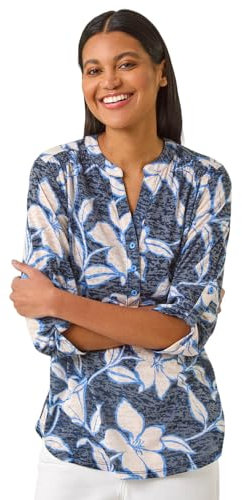 Roman Shirt for Women UK Ladies Top Collarless Blouse Stretchy Tunic Smart Casual Autumn Winter Jersey 3/4 Length Sleeve Notch V Neck Flattering Office Work - Size 14 - Navy Floral