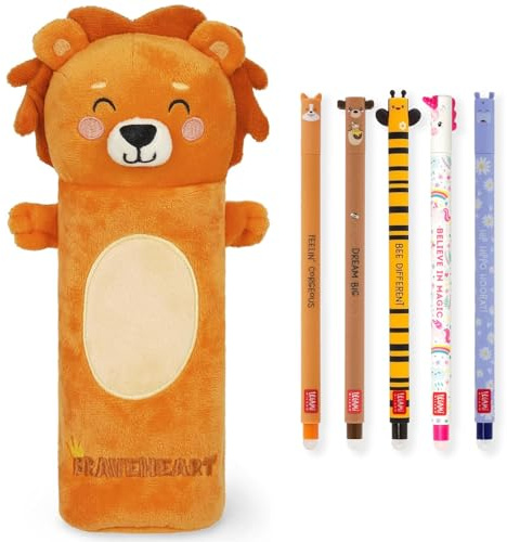 LEGAMI Super Soft Pencil Case & Erasable Gel Pens | Set of 5 Cute Animal Pens with Thermosensitive Ink + Plush Pencil Case | Back to School Supplies for Girls, Boys, Kids & Teens (Lion)